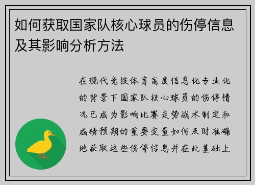 如何获取国家队核心球员的伤停信息及其影响分析方法